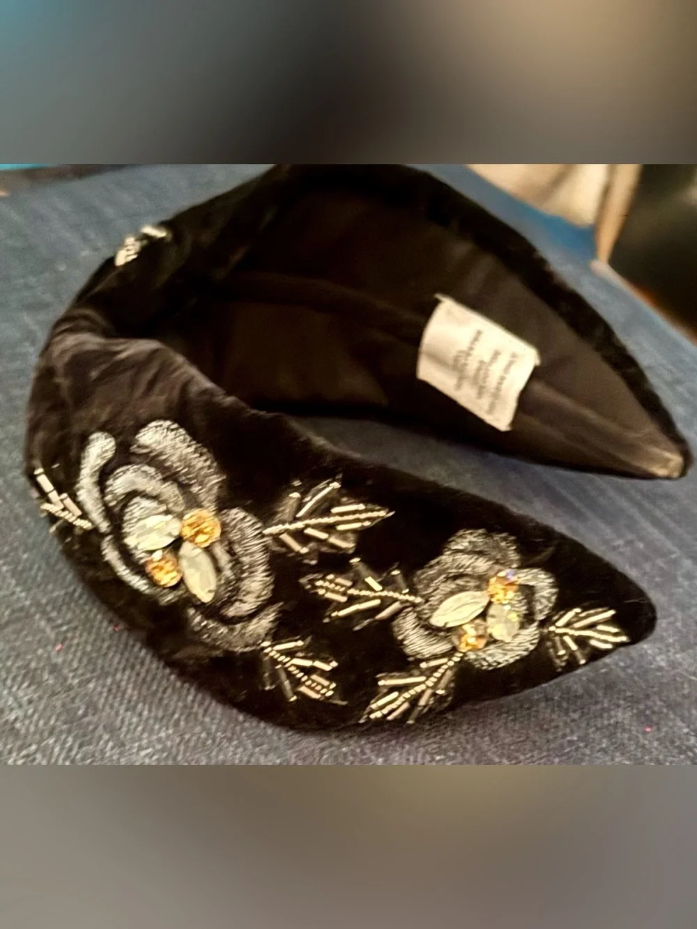 J Peterman Embellished Black Velvet Headband with Beaded Floral Accents